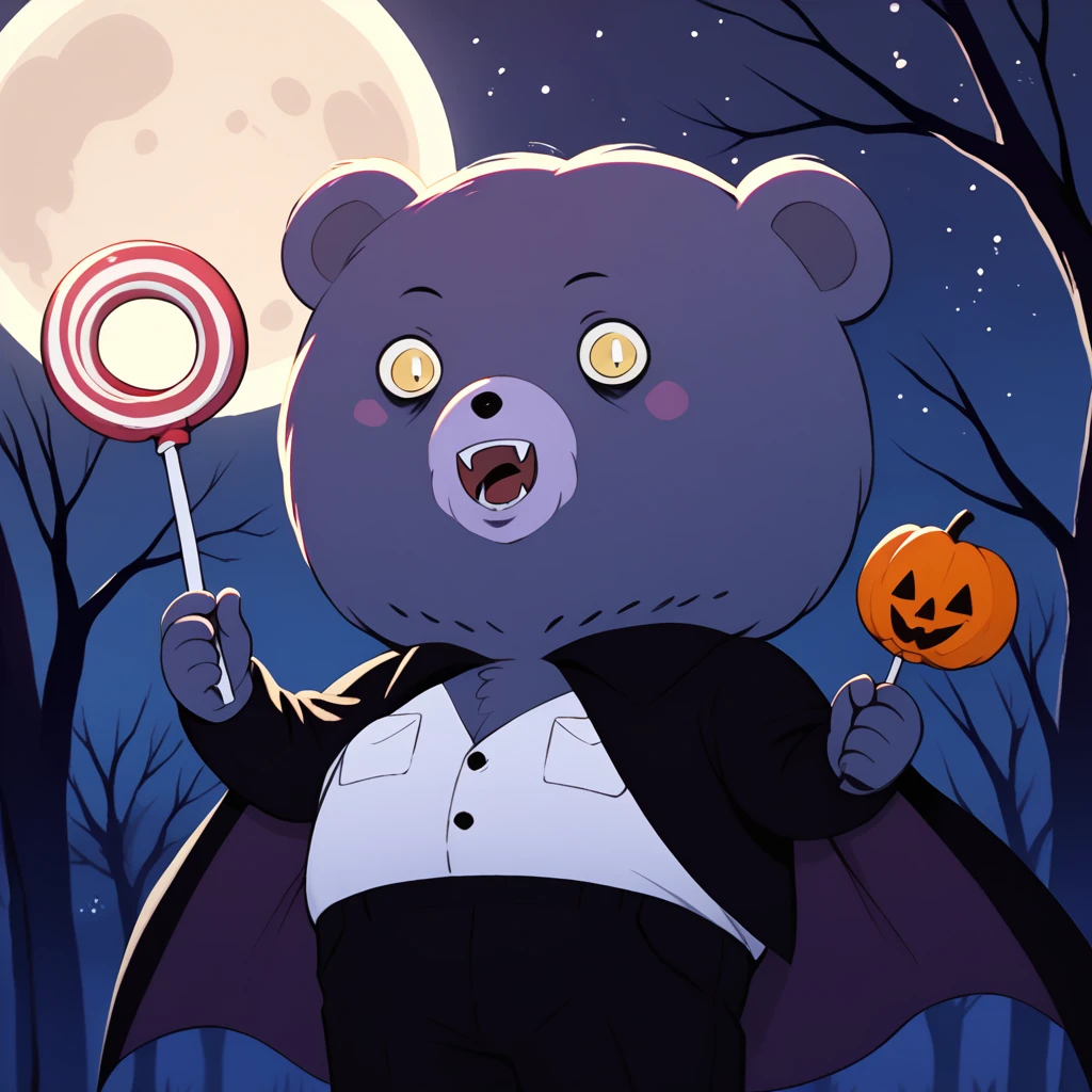 score_9, score_8_up, <lora:peludito-v1-14:1> uwpeludito, purple bear, cosplay, vampire, halloween, black coat, black pants, white shirt, cape, horror \(theme\), holding candy, night, star \(sky\), <lora:add-detail-xl:1>