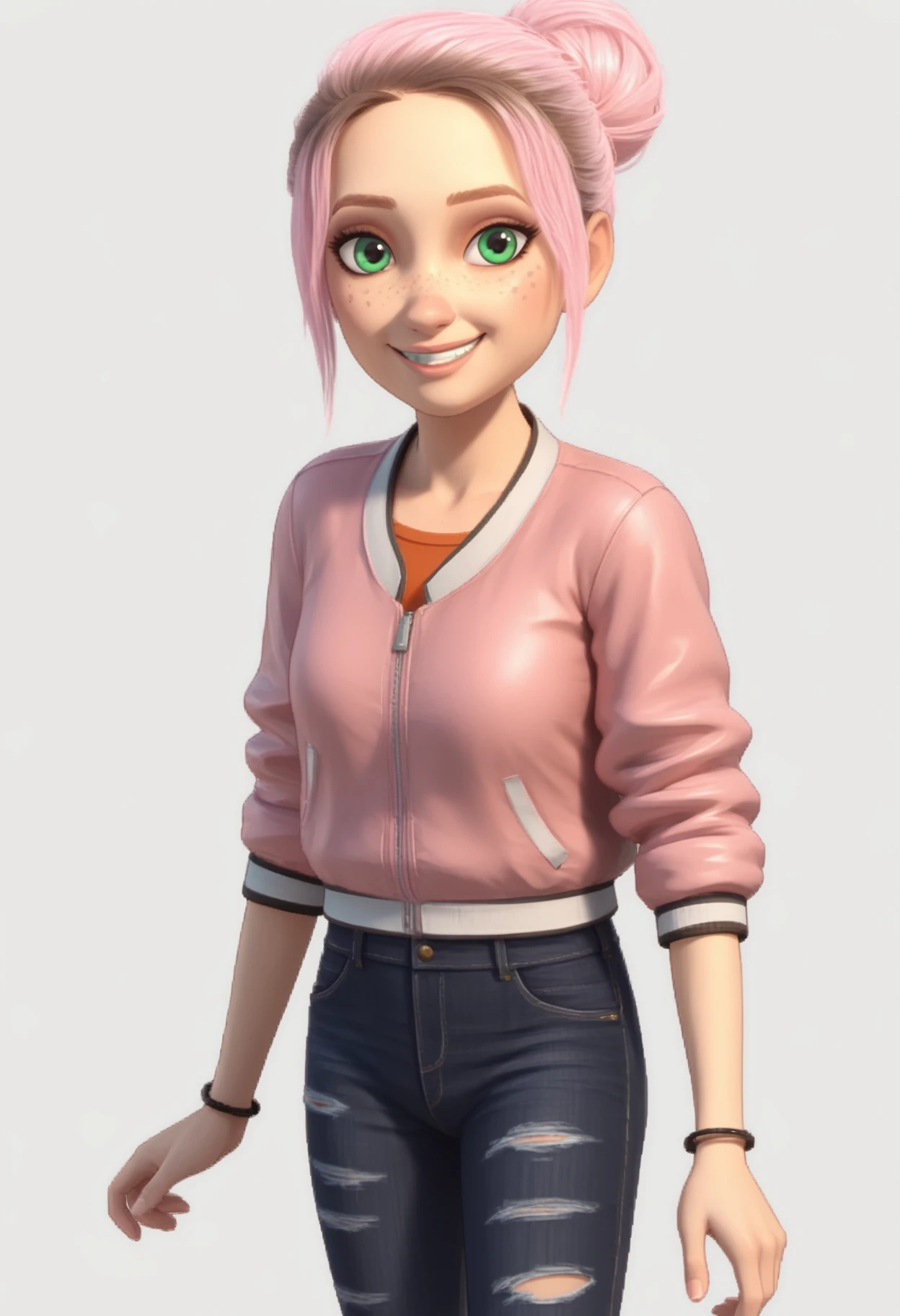 1girl, solo, Br00klynn, green eyes, freckles, pink hair, short hair, single hair bun, bracelet, pink jacket, black pants, denim, torn pants, sneakers, white footwear, <lora:Brooklynn - Camp Cretaceous-000010:1>,  looking at viewer, smile, score_9, score_8_up, score_7_up, cowboy shot, standing, white background, simple background,