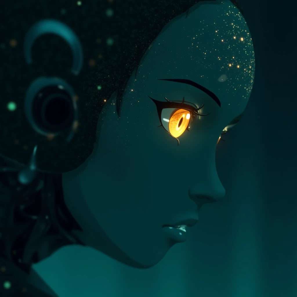 Anime screencap featuring a Minimalist and abstract side profile of a robot woman with a universe sprouting from her mind as she opens her eyes and attains consciousness for the first time in the dark. She has beautiful and intelligent bright orange eyes brimming with knowledge and benevolence. Mostly in hues of blue and green. <lora:Naomi_Scott_FLUX_v1-000031:1>