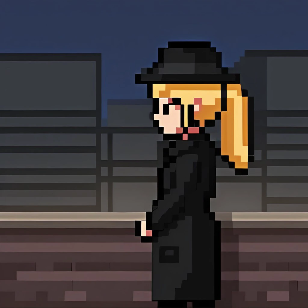 8b1t art style, pixelated, black fedora, black trench coat, 1girl, black shirt, blonde ponytail, black pants, BREAK,
city, street, busy road, from side, solo, woman focus, head focus, night, dark, shadows, silhouette, BREAK,
watching the road from a balcony, shoulder level view, extereme closeup, zoomed in