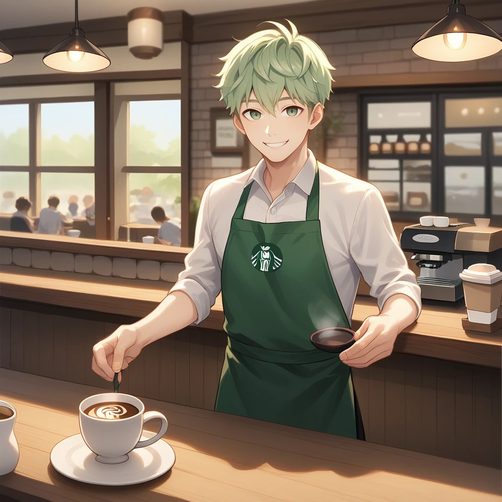 score_9, score_8_up, score_7_up, score_6_up, score_5_up, score_4_up, zPDXL2,source_anime,rating_questionable, 1boy, looking at viewer, coffee, smile, <lora:Barista:0.8> b4rista, indoors, cafe, apron