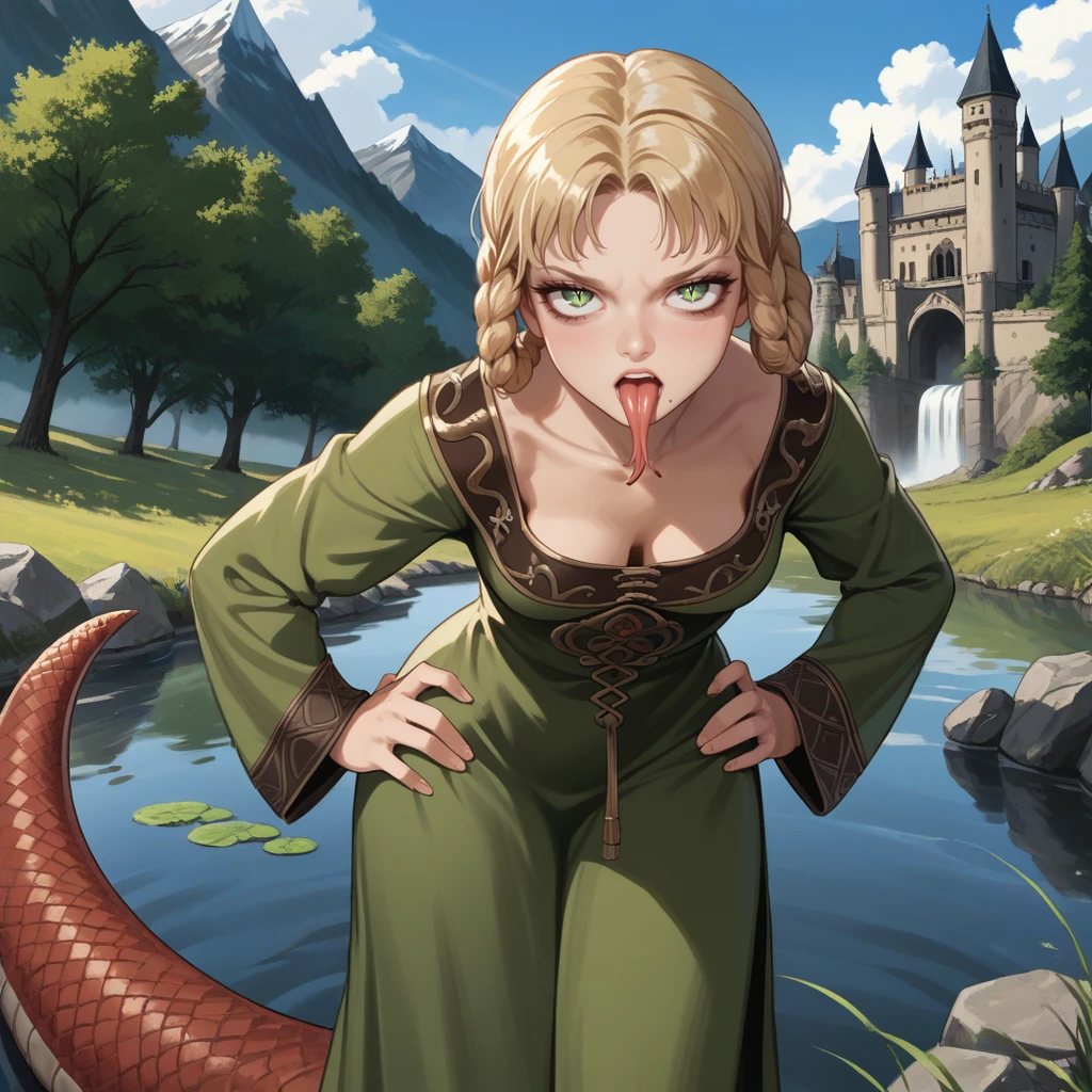 1girl,solo,<lora:bikini-000009:0.8>,(leaning forward:1.2),(bent over:1.2),(downblouse:1.2),medium breasts,ryascout,reptile girl,blonde hair,braided hair rings,parted bangs,green eyes,slit pupils,mole under mouth,green dress,long dress,embroidered dress,gold trim,long sleeves,wide sleeves,sleeves past wrists,
outdoors,wetland,fog,tree,lake,cloudy sky,castle,mountain,
cowboy shot,standing,hands on own hips,looking at viewer,angry,pout,bags under eyes,"open mouth, forked tongue, long tongue, tongue out, large tail, snake tail, tail raised, tail wagging",, score_9, score_8_up, score_7_up, perfect anatomy, source_anime, zPDXLxxx,