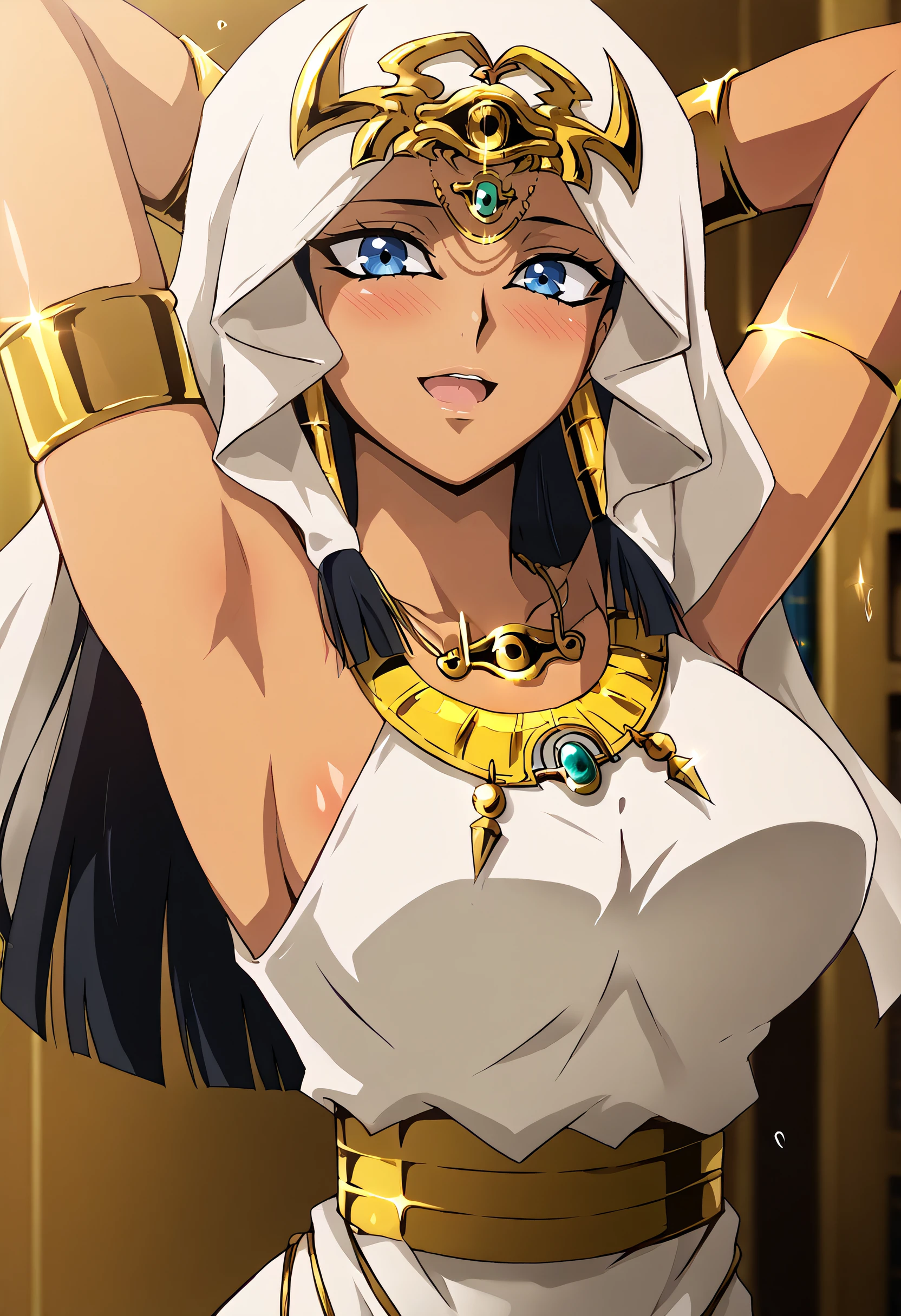 harayu, score_9, score_7_up, source_anime BREAK 1girl, averting eyes, close-up,
<lora:Ishizuishtar_Dwnsty:1>, ishishtar, dark-skinned female, eye of horus, jewerly, black hair, forehead jewel, veil, long hair, hair tubes, blue eyes, white dress, armlet, bracelet, necklace, egyptian clothes, 
large breasts, skindentation,lips, blush, open mouth, chest stand handstand, glasgow smile, arms up, One hand behind the head pose, Slim body,
veranda, dynamic shadows, flashlight, bookshelf,