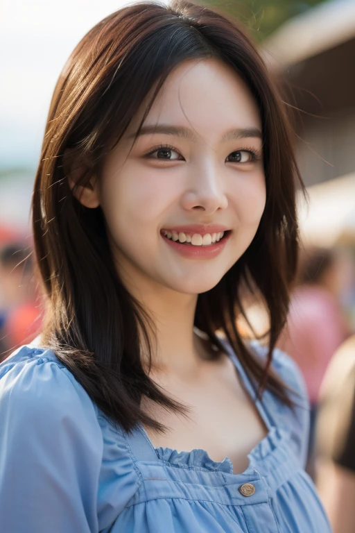 masterpiece, best quality, ultra-detailed, ultra high res, (photorealistic:1.4), raw photo, (realistic:0.2), 8k HDR, realistic lighting, looking at viewer, 1girl, solo, asymmetrical hair, outdoor, sky, (traditional market:1.2), bokeh, (detailed lips), (detailed pores), (detailed skin textures), (detailed face:1.2), (body:1.2), a woman portrait in a sundress, cowboy shot, smile, teeth, grin,