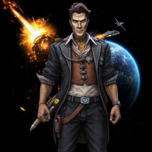 male focus, planet, aircraft, explosion, pants, uniform, 1boy, clenched hand, solo, jacket, black background, handsome jack