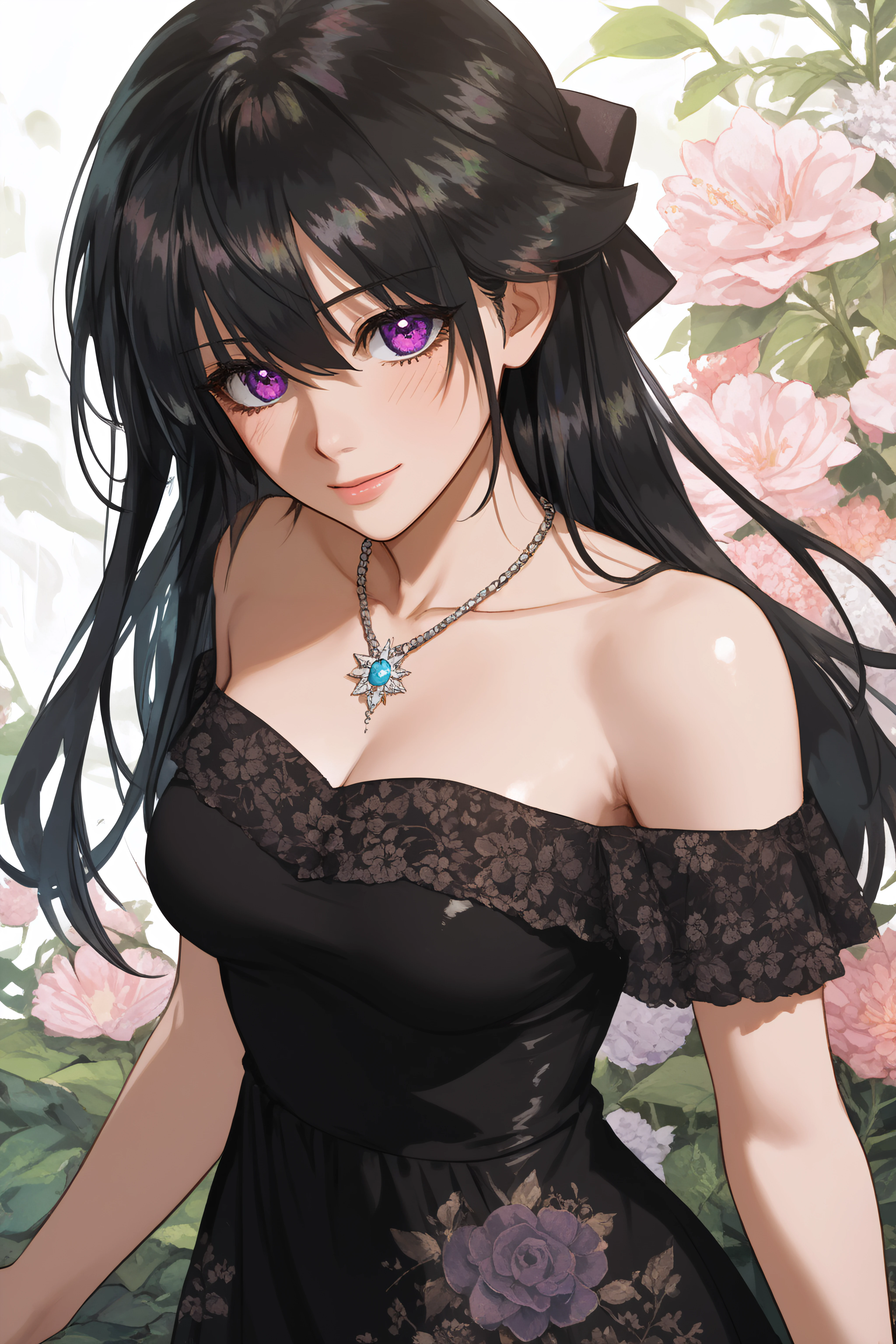 score_9, score_8_up, score_7_up, BREAK source_anime, <lora:Rainelle-PonyXL-lora-Faxtron:1> rainelle, purple eyes, black hair, long hair, shiny hair, medium breasts, necklace, black dress, bare shoulders, floral print, collarbone,