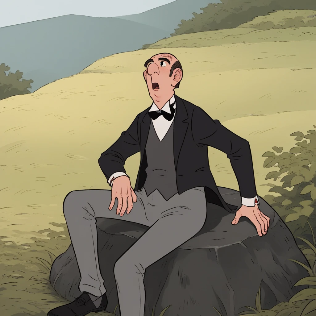 score_8_up, BREAK, EdgarBalthazar, 1boy, solo, black hair, black eyes, white shirt, bowtie, grey vest, black suit, long sleeves, grey pants, sitting on rock, outdoors,  <lora:EdgarBalthazar_PXL_Leaf1:1>,