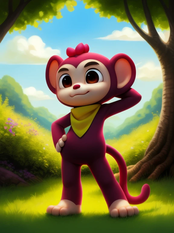 <lora:PokiPiFoYif:1> PokiPiFo, monkey, red fur, brown eyes, scarf on the neck, tail,  chibi,
(solo focus), Looks at the viewer,  , (Hands on hips, standing, (hand behind head,)) 
[ large window, (nature), forest, grass, day shining, clouds, flowers, blanket, blue pillows, candles, bed, pillows, ]
(beautiful, aesthetic, perfect, delicate, intricate, saturated colors), masterpiece, digital drawing, best quality,
[by kenket|by totesfleisch8], by thebigslick:by silverfox5213:0.8], [by syuro, by paloma-paloma::0.2, (Tricksta, TotesFleisch8)