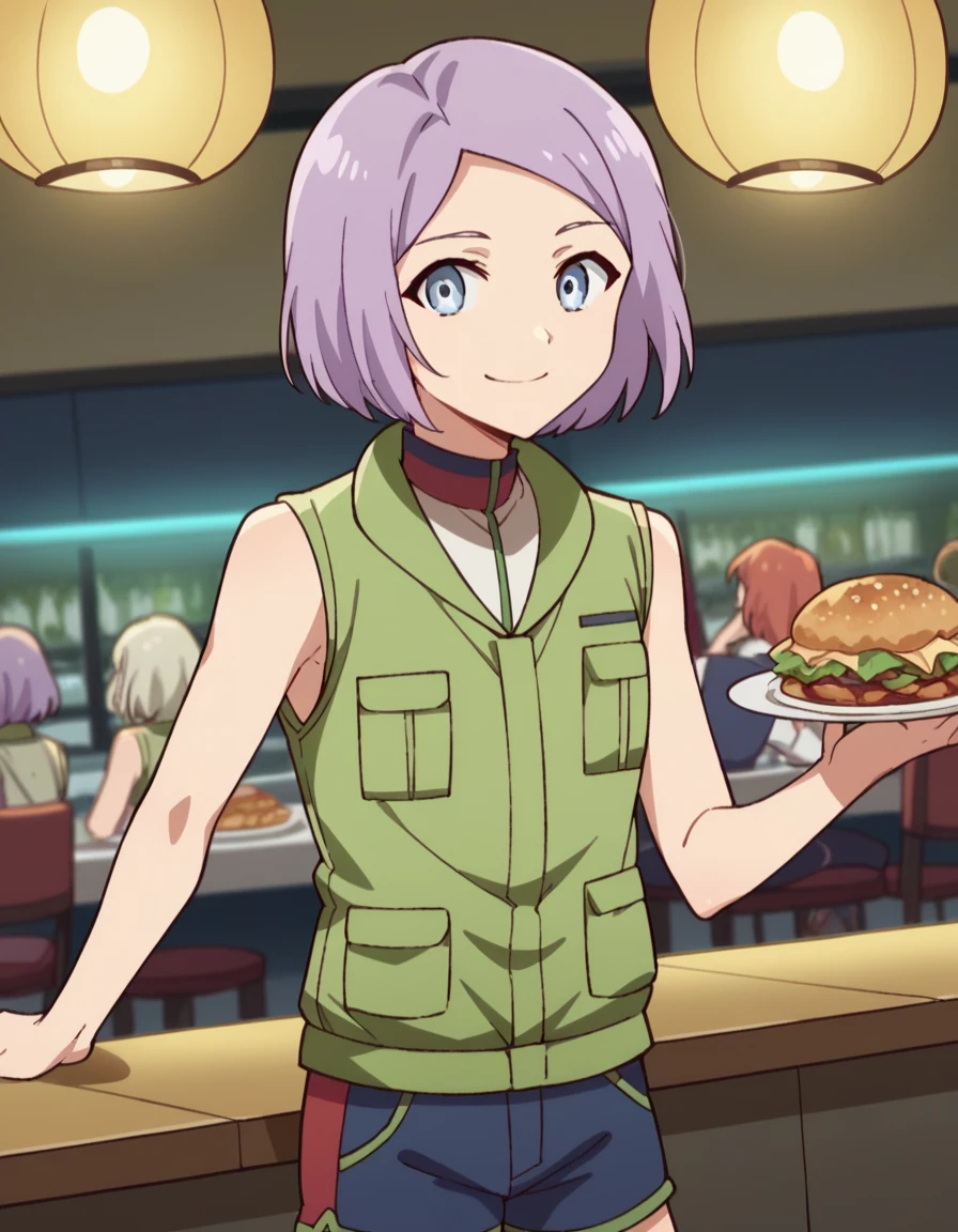 score_9, score_8_up, score_7_up, source_anime, <lora:luca-esposito-s1-ponyxl-lora-nochekaiser:1>, luca esposito, short hair, blue eyes, purple hair, forehead, otoko no ko, androgynous,, shirt, shorts, sleeveless, vest, sleeveless shirt, green shirt, green vest, green shorts,, restaurant, laughter, good food, warm lighting, celebration, smile, looking at viewer, solo,, cowboy shot, dutch angle