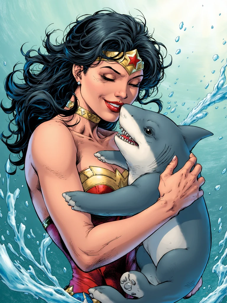 jimlee style, comicbook illustration, wonader woman hugs cute little pet shark, shark have dog-like paws instead of fins and cute muzzle with wide smile and sharp teeth, wonder woman smiles softly and her eyes closed, <lora:sxz-Jim-Lee-Flux:1>