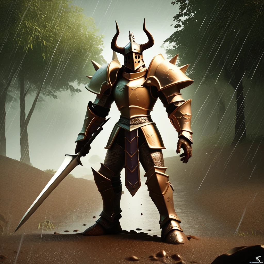 score_9, score_8_up, score_7_up, score_6_up, score_5_up, score_4_up, rating_safe, zPDXL2,source_3d,dazstyle,knight,armor,helmet,solo,horned helmet,spiked armor,holding lance,outdoors,battlefield,mud,rain