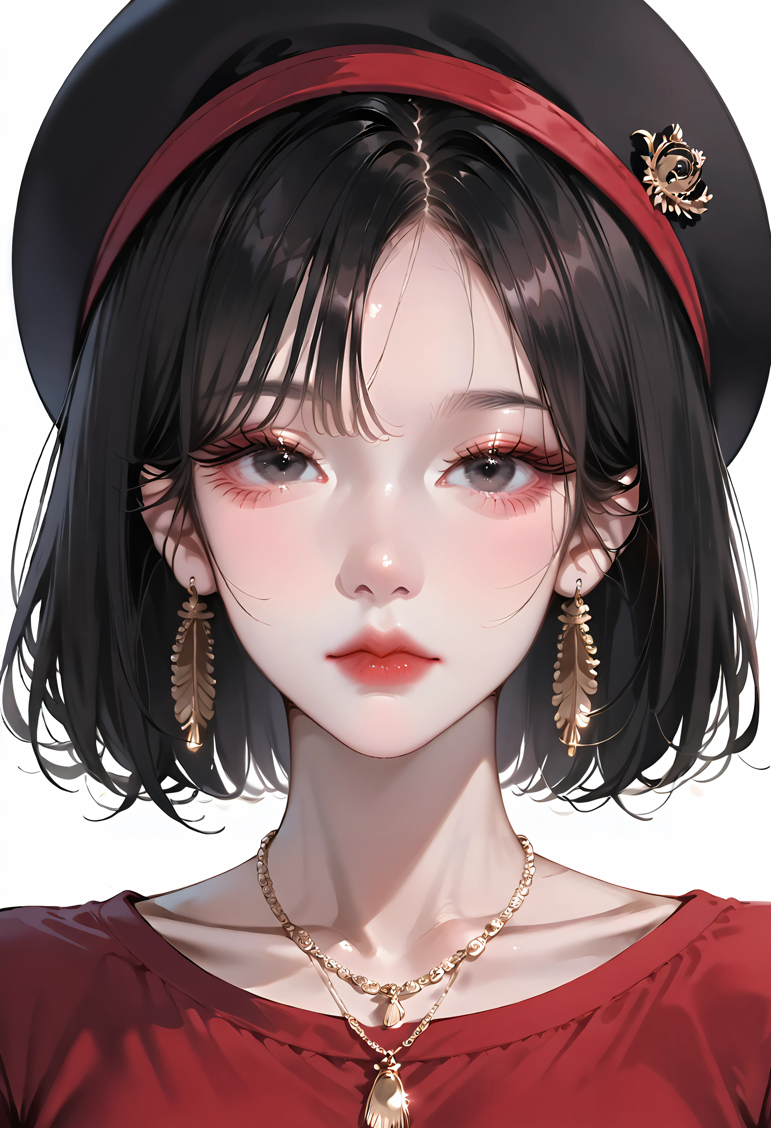 score_9, score_8_up, score_7_up, best quality, source_anime BREAK, 1girl, jewelry, earrings, hat, portrait, looking at viewer, necklace, black hair, black headwear, short hair, white background, simple background, closed mouth, black eyes, collarbone, red lips, eyelashes, beret, makeup, parted bangs, <lora:KoreanAIStyle:1>