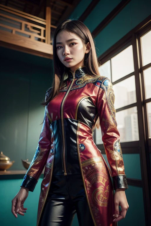 An Indonesian-styled futuristic suit worn by a girl depicting cultural fusion and modern fashion. The suit is adorned with intricate patterns and vibrant colors, showcasing the rich heritage of Indonesia. The girl stands confidently in a dynamic pose, with her detailed eyes reflecting determination and curiosity. The suit's material is a combination of traditional textiles and futuristic synthetic fabrics, giving it a unique and avant-garde appearance. The overall image quality is of the highest standard, with sharp focus and ultra-detailed rendering. The artwork employs physically-based rendering techniques, resulting in realistic lighting and shadows. The colors are vivid and vibrant, capturing the essence of Indonesian cultural aesthetics. The background features a fusion of modern architecture and traditional elements, creating a harmonious blend of the past and the future. The prompt explores the intersection of Indonesian culture, futuristic design, and the artistic representation of a confident girl