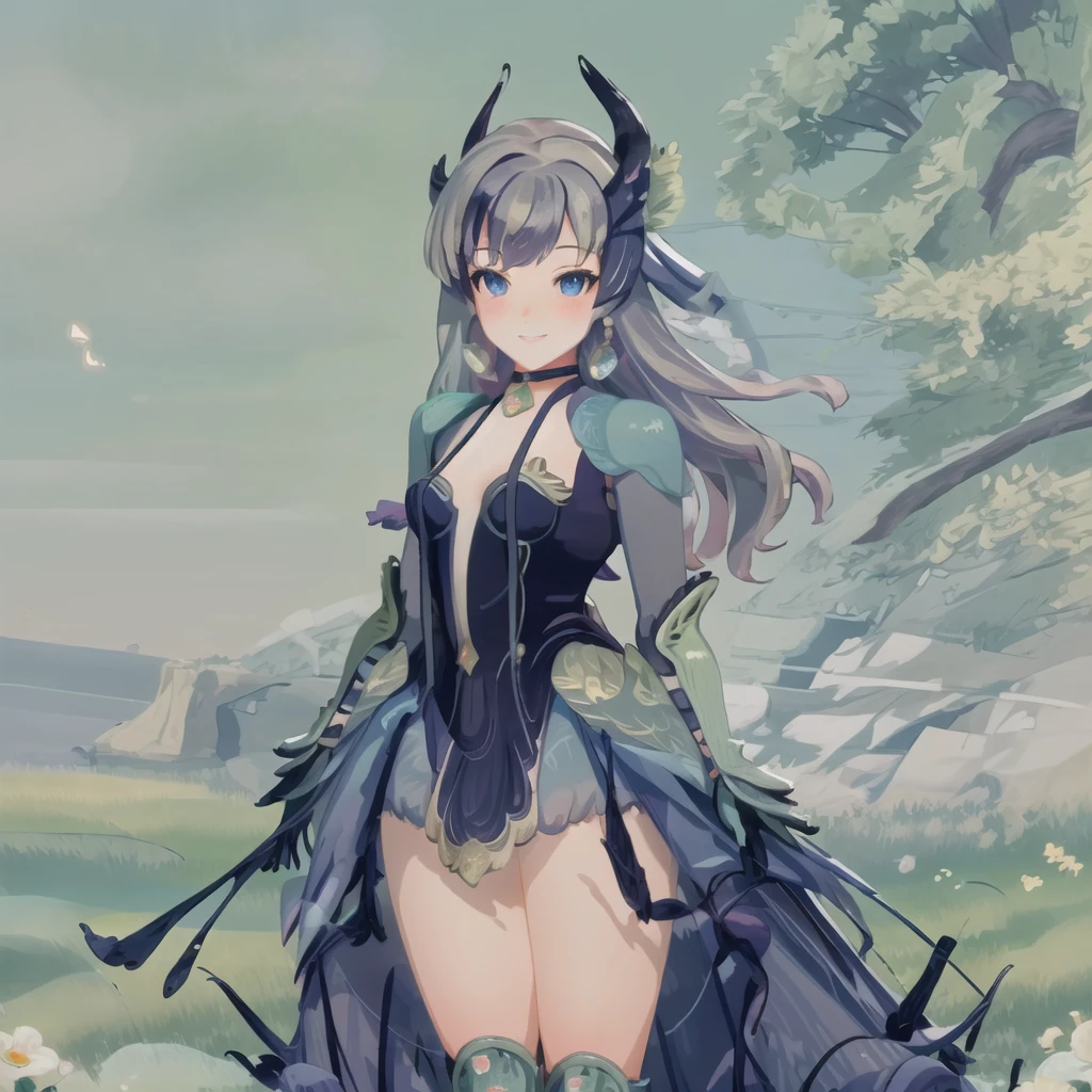 masterpiece, best quality, ultra-detailed, beautiful lighting, Woman, beautiful scenery, blue sky background, slight blush, smiling, (cute smile)1.1, (glossy lips)1.1, (beautiful eyes)1.1, wonderful background,(arms_behind_back)1.1, anime style, full body portrait, dress, horns, leash <lora:bg_imgs:1> <lora:LILYMAY_AFK_LORA:1> legs <lora:goodhands_Beta_Gtonero:0.6>