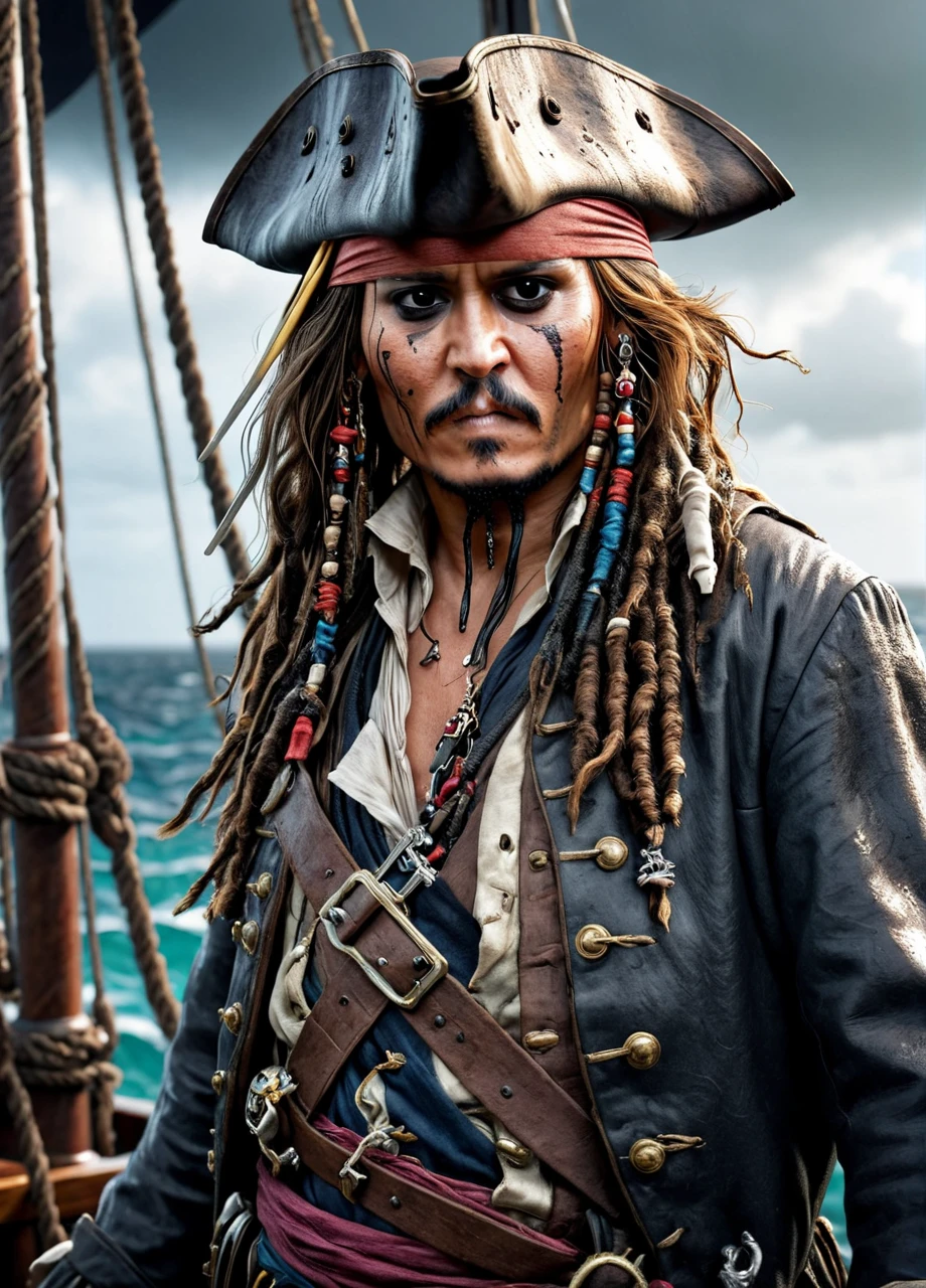 The pirate Captain Jack Sparrow from the Pirates of the Caribbean movies, action Adventure, standing aboard a pirate ship on a stormy sea, daylight, Pirates of the Caribbean style, high contrast, colorful polychromatic, wet oily shiny skin, ultra detailed, (Intricately Designed dirty face: 1.3), Cinematic clorful lighting, realistic body and face, Photograph Taken on Nikon D750, Intricate, Elegant, Digital Illustration, Scenic, Hyper-Realistic, Unreal Engine, CryEngine, Octane Render, Artgerm, WLOP, Greg Rutkowski, 8k ultra high resolution concept art, hyper-defined, sharp focus, echoing, (hyperdetailed body and face: 1.3), ultra realistic, concept art, intricate details, eerie, highly detailed, photorealistic, octane render, deep color, unreal engine. art by artgerm and jim lee, pen and ink drawing, full body, day time bad_prompt_version2, negative_hand, ac_neg1 <lora:Johnny_Depp:1>