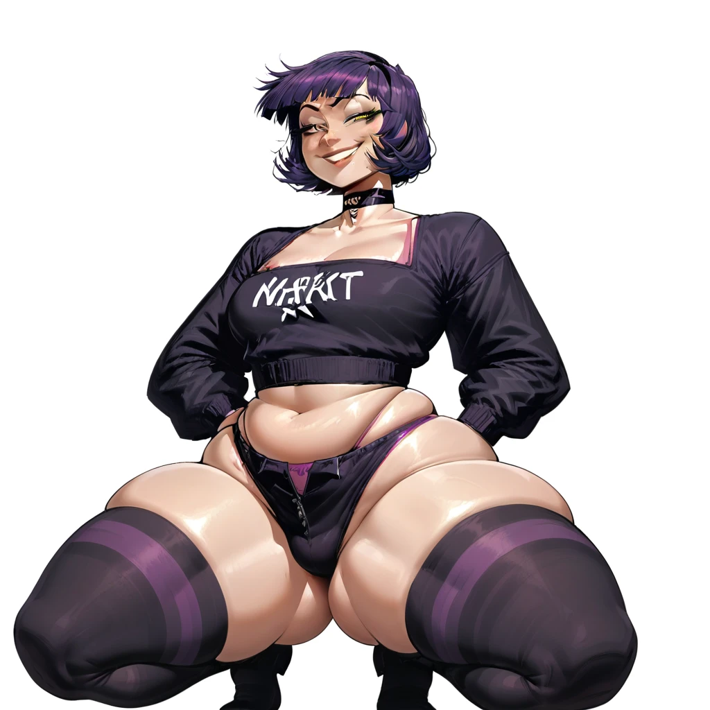 score_9, score_8_up, score_7_up, score_6_up, score_5_up, score_4_up, 1girl, hot, big breasts, slender waist, wide hip, thick thighs, big ass, smile face, smug, half closed eyes, dark-skinned female, dark skin, purple hair, ponytail, yellow eyes, yoruichi shihouin, long hair, black thighhighs, thong leotard bodysuit, black thong leotard bodysuit, Sitting with one leg extended straight out and the other bent with the foot near the inner thigh of the extended leg