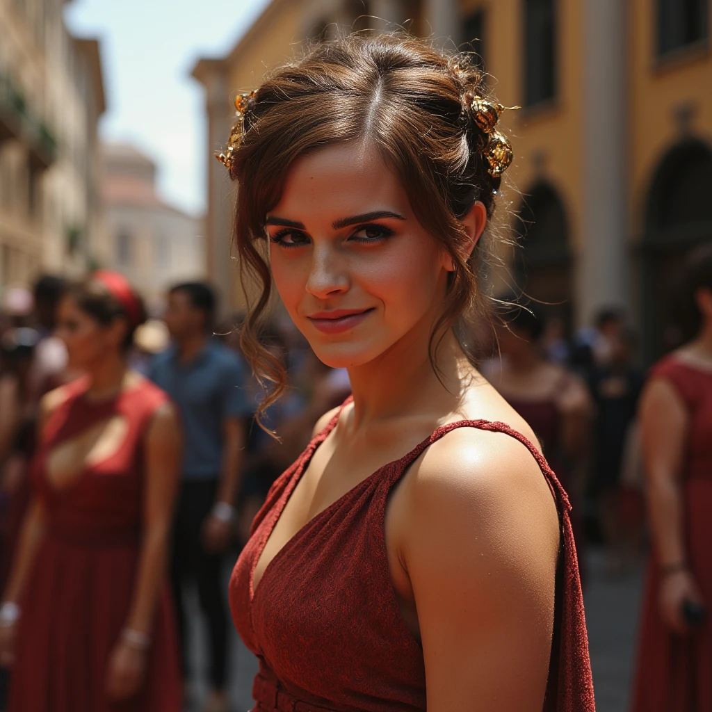 Instagram selfie of a woman during the ancient roman empire standing in the middle of a marketplace in ancient rome with people and merchants all around her. She has a toga on as would be befitting for a madam of the house and has a neutral expression. She has almost no makeup on. Her hair is in an intricate updo and held together by some golden hairpins. <lora:Emma_Watson-000052:1>