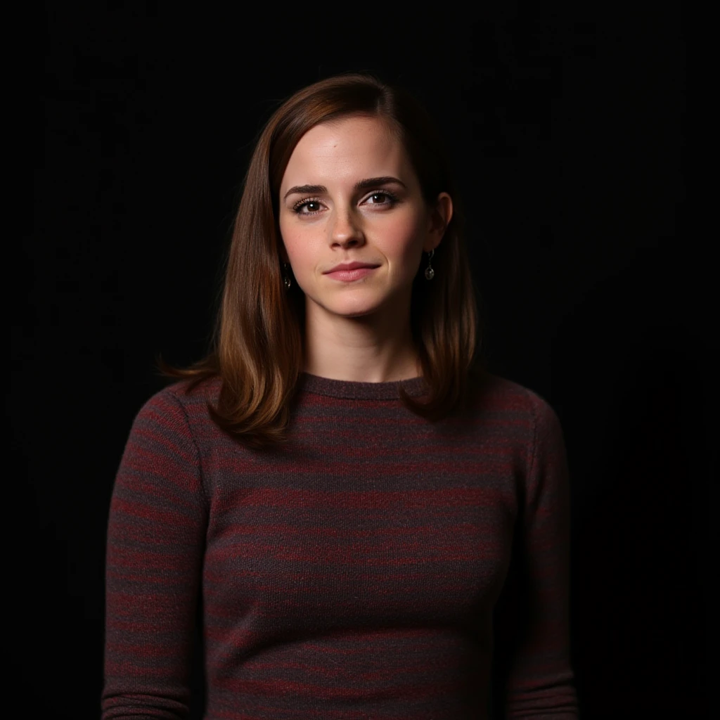 A closeup portrait photo of a woman with medium length hair who gazing directly at the camera with a neutral expression. She is wearing a multicolored knitted sweater against a dark background. Spotlight illumination. <lora:Emma_Watson-000052:1>