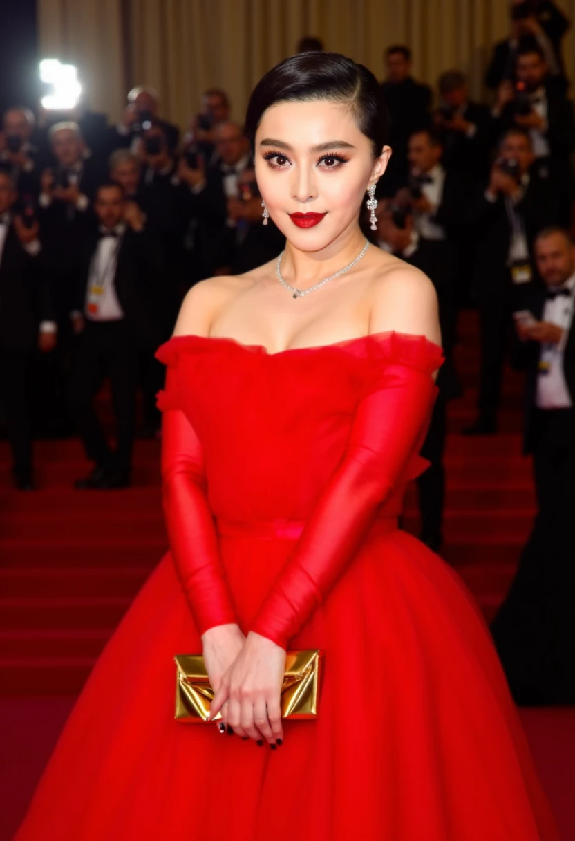 The image shows a young woman posing on a red carpet at a formal event. She is wearing a red off-the-shoulder dress with a high neckline and long sleeves. She has her hair styled in a sleek updo with her hair pulled back in a low bun and is wearing dramatic makeup with dark eyeliner and red lipstick. The woman is holding a gold clutch with a geometric pattern in her hands. She appears to be posing for the cameras and is looking directly at the camera with a confident expression. In the background there are photographers and photographers taking pictures of the event.