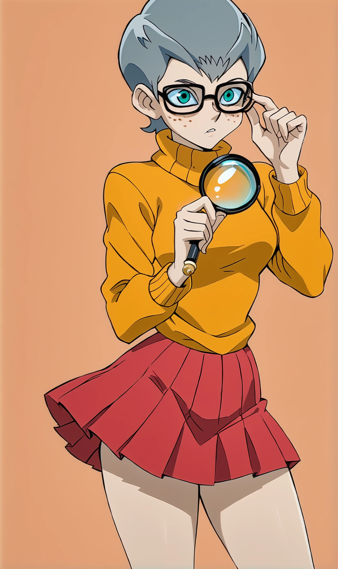 CK, 1girl, solo, grey hair, short hair, aqua eyes, adjusting glasses, freckles, orange turtleneck long, red pleated skirt, scooby doo theme, holding magnifying glass, <lora:Cathy Katherine Pony XL:0.8>