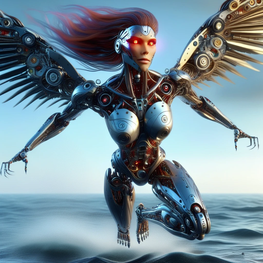 humanoid robot, 1girl, in mid-flight with mechanical wings outstretched, intricate wings designed with interlocking metallic feathers, robot joints visible throughout, full body view, realistic mechanical parts and details, solo figure, long flowing brown hair, strands flying back with the motion, glowing red eyes emitting a focused light, defined nose and lips, neutral facial expression, subtle glowing effect from facial plates, clearly defined breasts with mechanical detailing, mechanical arms extended outward, multiple hands with fingers spread, showcasing the complexity of mechanical fingers, powerful mechanical legs bent as if ready to land, mechanical feet without shoes, standing barefoot on the surface of the ocean, water splashing around from the impact, set against a backdrop of the open ocean, dramatic cloud formations in the sky, the setting sun casting a warm glow over the scene, blending advanced robotics with natural beauty, emphasizing the contrast between technology and nature, highlighting the elegance and power of the robotic figure