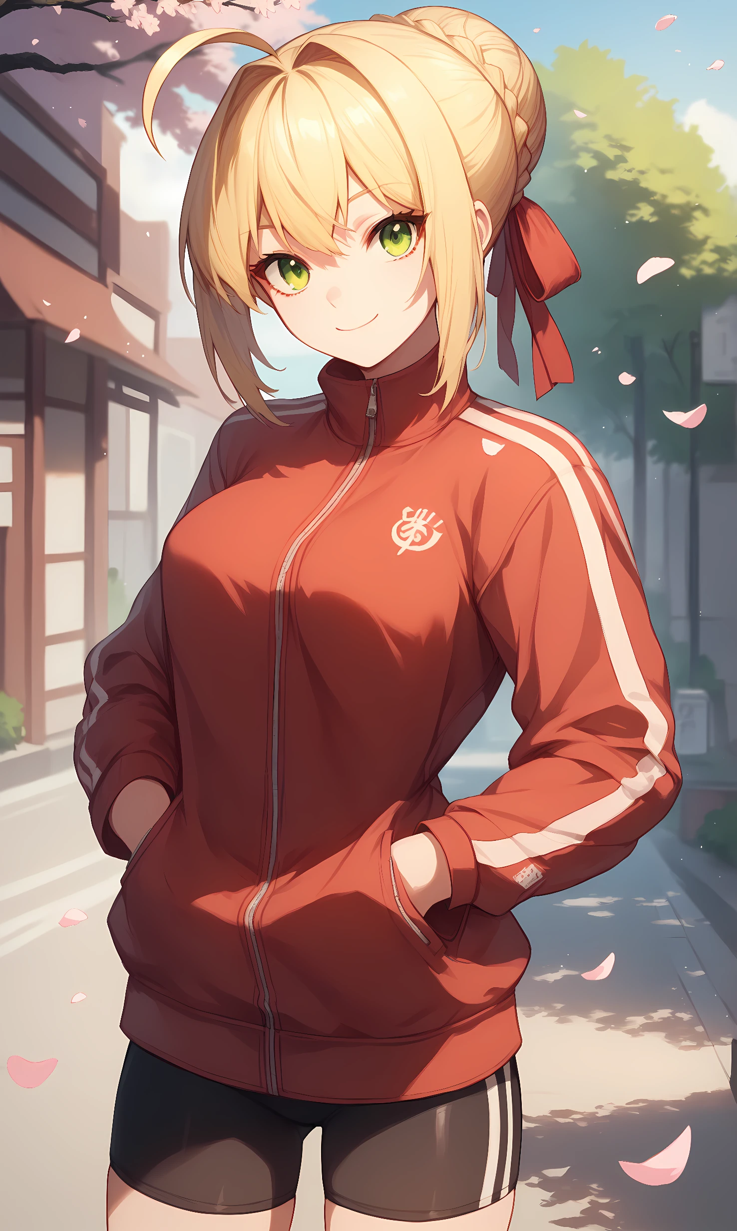 score_9, score_8_up, score_7_up, BREAK source_anime, 1girl, solo, outdoors, street, cherry blossom, cowboy shot,  looking at viewer, nero, green eyes, blonde hair, sidelocks, ahoge, single hair bun, french braid, red ribbon, hair ribbon, red jacket, track jacket, bike shorts, long sleeves, smile, closed mouth