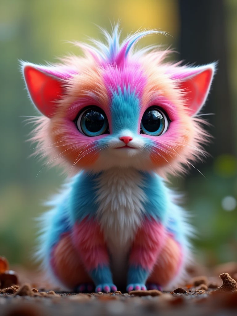 Photorealistic image of a cute alien creature with multicoloured long fluffy fur, bokeh <lora:fur_detailer_v1:1.5>