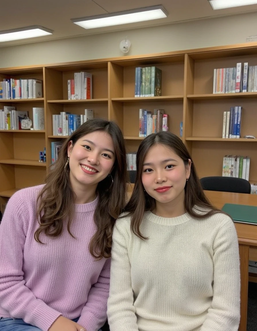 A photo of two girls at in a library wearing sweaters, smiling