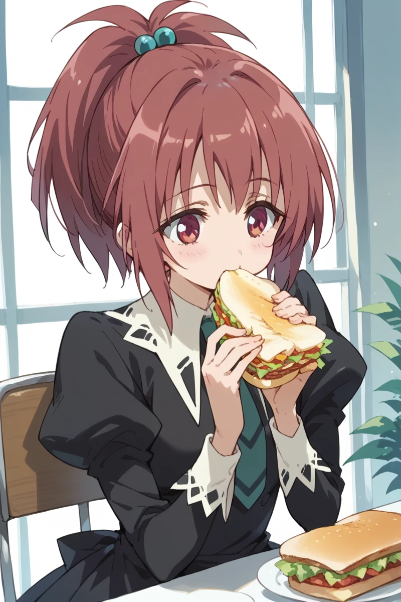 score_9, score_8_up, score_7_up, score_6_up,
 <lora:Nagisa_Aoi:1> nagisa, miator, 1girl, solo, school uniform, food, eating, hair ornament, sandwich, red hair, ponytail, hair bobbles, necktie, black dress, puffy sleeves,