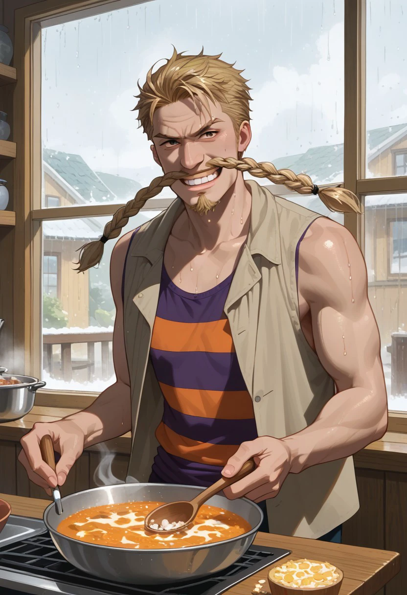 score_9, score_8_up, score_7_up, source_anime, rating_safe, warm glow, smoking, ZeffOP, blonde spiky hair, yellow_Zeff_twin braids facial hair, 1boy, male focus, sweating, purple-orange_Zeff_striped tank top, grin, teeth, cooking, hands with five fingers, stove, window, raining-outdoors, cute-wallpaper,