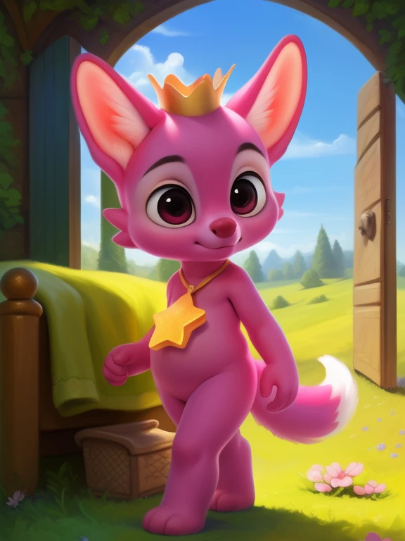 <lora:PinkfongWonRunYif:1> PinkfongWonRun,   Chibi, pink fur, magenta eyes, pink belly, tail, golden crown, pink chin, star necklace, 
(solo focus), Looks at the viewer,  (( walking, ))
[ large window, (nature), forest, grass, day shining, clouds, flowers, blanket, blue pillows, candles, bed, pillows, ]
(beautiful, aesthetic, perfect, delicate, intricate, saturated colors), masterpiece, digital drawing, best quality,
by ulitochka, by taran fiddler, by Silverfox5213, by personalami,