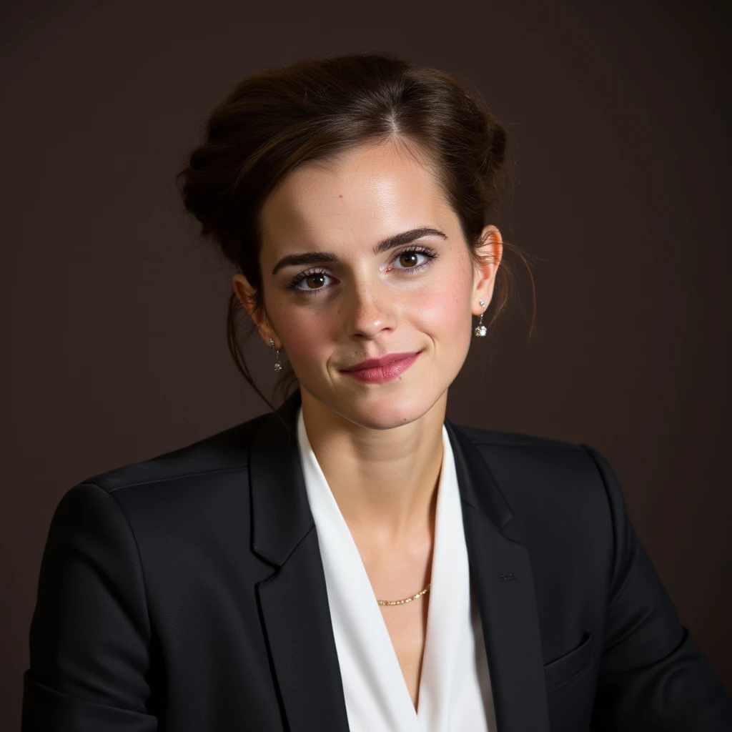 High quality passport photo of a woman wearing a suit and tie looking directly at the camera with her mouth closed and a neutral expression. She is also wearing a delicate gold chain and some understated diamond earrings. <lora:Emma_Watson-000052:1>