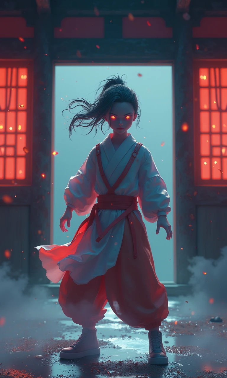 animated female warrior in furious fighting stance inside a Japanese temple at night, ground level, full body, angry,  expressive, windblown, stylized render, cinematic aesthetic