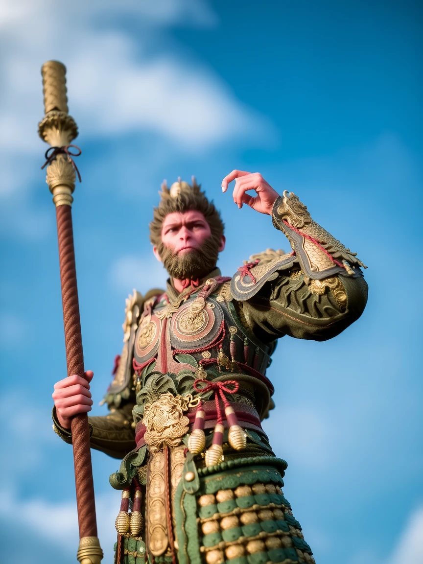 wukong full body,  The warrior is depicted in full armor, standing against a backdrop of a clear blue sky with fluffy white clouds. His armor is ornate and intricately designed, featuring intricate patterns and motifs of dragons, phoenixes, and other mythical creatures. The armor is a mix of gold and bronze colors, with red accents on the chest plate and shoulder pads. He wears a tall, elaborate headdress adorned with feathers and a long, flowing tassel. His beard and hair are styled in a traditional manner, with a prominent mustache and a full, bushy beard. 
The warrior holds a tall, dark wooden staff with a golden tip, which is adorned with intricate carvings and ribbons. The staff is held firmly in his right hand, while his left hand is slightly raised, gripping the staff near the middle. The warrior's expression is fierce and determined, with his eyes focused forward. <lora:wukong:1>