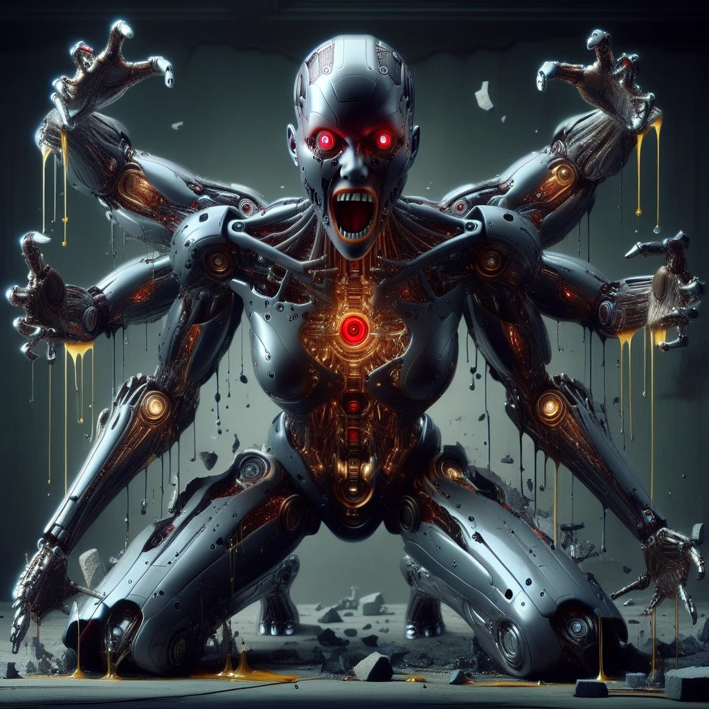 humanoid robot, 1girl, exhibiting complex robot joints, oil and grease visibly dripping from joints and crevices, full body depiction, covered in intricate mechanical parts, no humans present, ultra-realistic detailing, portrayed as a solo figure, bald head with glowing red eyes looking upwards, defined nose, mouth wide open revealing sharp teeth, facial expression conveying a scream, mechanical chest with visible breasts, central glowing core emitting a bright light, equipped with ten mechanical arms extending from the back, each arm ending in detailed open hands with mechanical fingers, mechanical legs bent on knees, mechanical feet exposed, barefoot, surrounded by scattered debris, dimly lit industrial environment, high contrast lighting highlighting the glow from the core and eyes, adding a sense of tension and drama