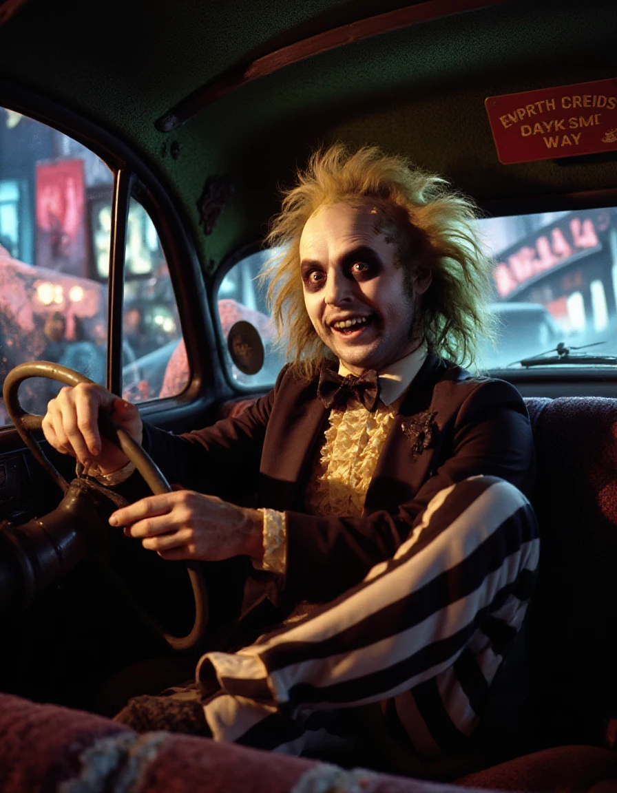 Beetlejuice driving a taxi, photorealistic, exaggerated expression, chaotic city scene, neon lights, dark comedy, inspired by retro horror, ultra-detailed, focus on the eccentric cab interior.