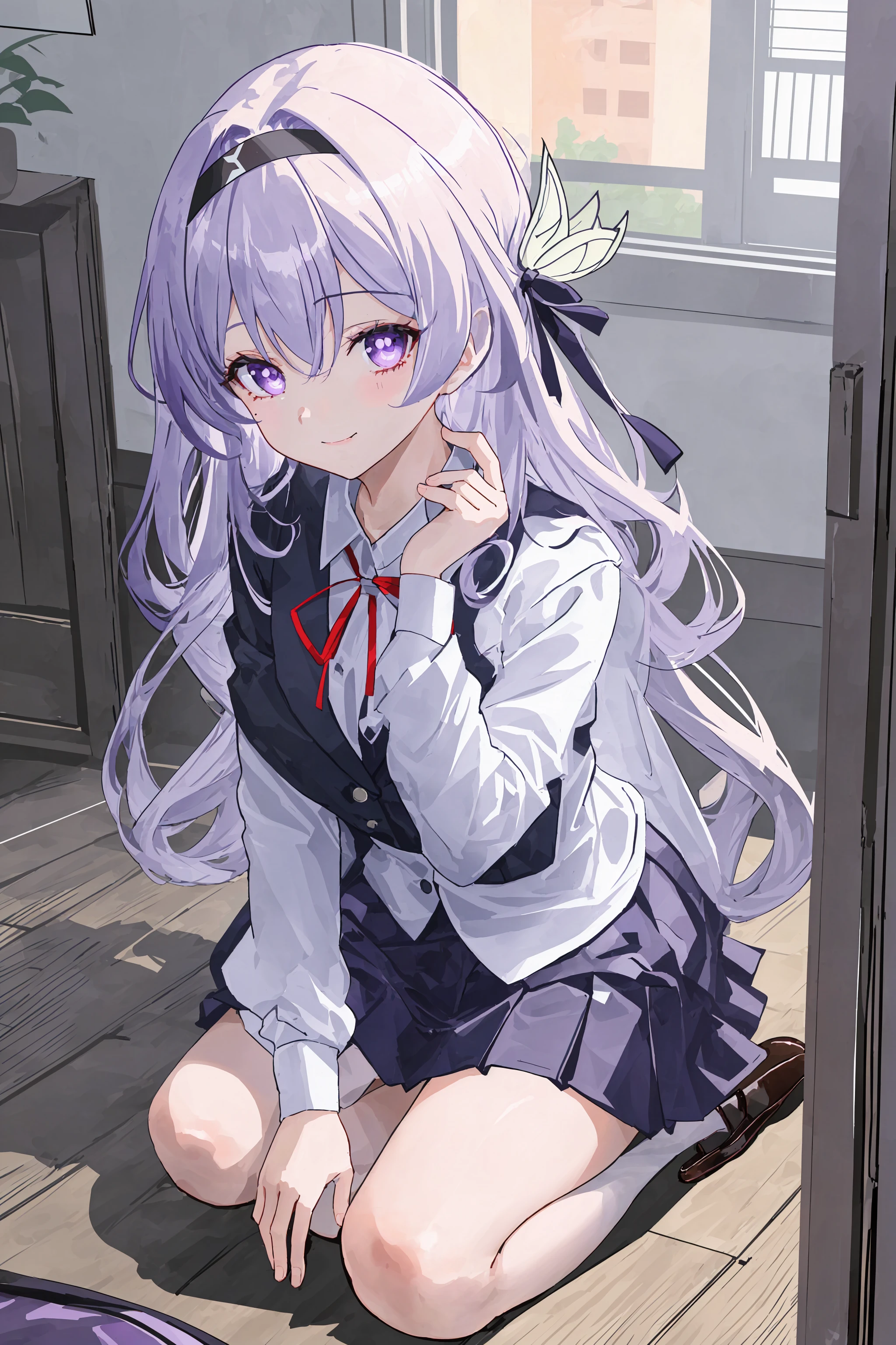 masterpiece, best quality, A large amount of white liquid all over the body on the chest and tongue, taken from the front, highres, aakikyo, (Light purple hair、White hair、Medium Hair) 、Arisu has、beret、Black beret、Black hat:1.2)、(Purple eyes、shining purple eyes:1.3), hair intakes, white hairband, blue bowtie, collared shirt, blazer, red jacket, long sleeves, white skirt, pleated skirt, black socks, street, wall, serious, looking at viewer, medium cleavage, tartan check, music room, angle from above, uniform, light blue underwear, sweat, thin, mouth wide open, tongue out, crawling on all fours, A large amount of white yogurt on the chest and tongue