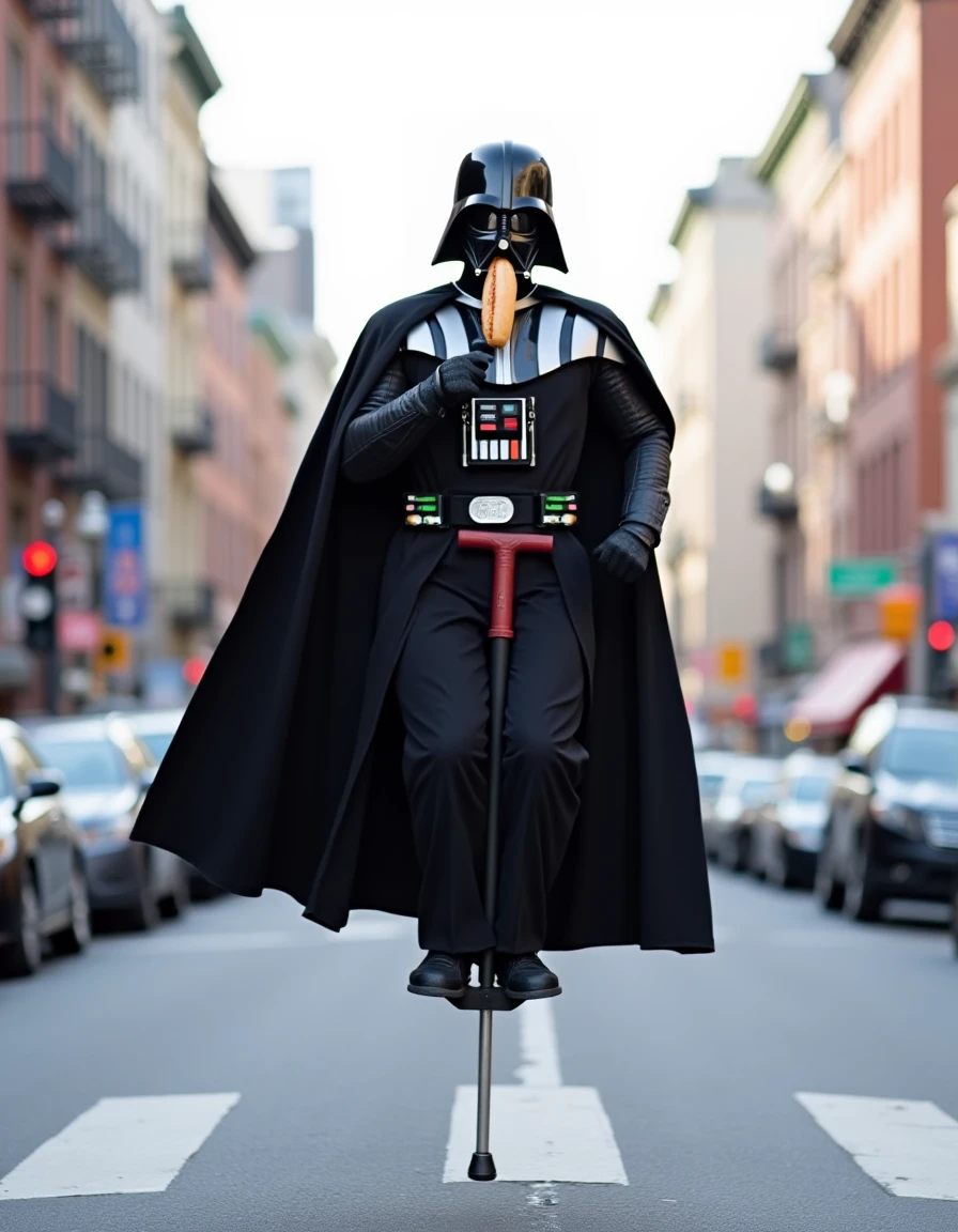 <lora:Jumping_on_a_pogo_stick_Flux:1> Darth Vader jumping on a pogo stick down a busy street, eating a hotdog.