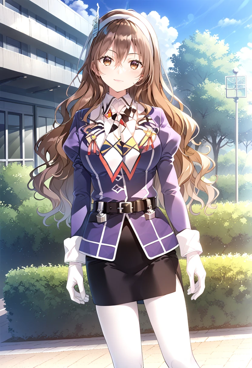 1girl, solo, standing, cowboy shot, park, brown_hair, long hair, wavy hair, headband, medium breasts, ashigarakaikc, purple jacket, long sleeves, neckerchief, white gloves, black belt, black skirt, pencil skirt, white pantyhose, black boots, <lora:KC_03HC_ashigara_pony-000048:1>, score_9,score_8_up, score_7_up, source_anime, masterpiece, best quality, official art, official style, game cg, megami magazine, rating_safe, rating_questionable, <lora:Fixhands_anime_bdsqlsz_V1:0.75>, NEGATIVE_HANDS