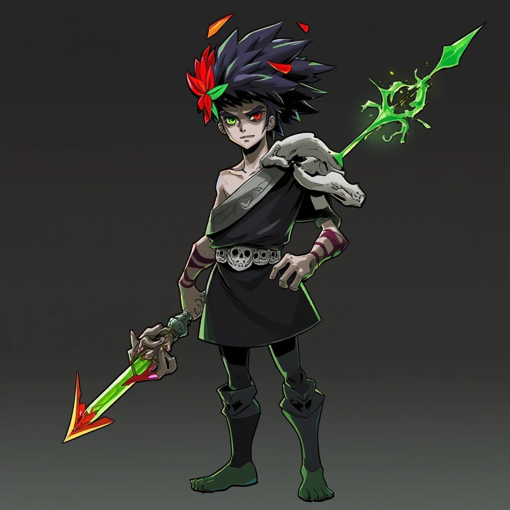 <lora:ZagreusFlux:1>Zagreus Hades, holding weapon, , His eyes are strikingly different colors; his left eye is a vibrant green, while the right eye is a deep red, full body view