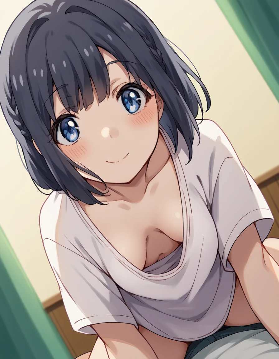 ((Highest quality)), ((masterpiece)), (detailed),(（nymph）),, Black Hair,(Childish face), (Bob Hair), Girl ,small Breasts ,, ((Blue eyes)),shy-smile, Night time, ((white Bathrobe)), reading Light ,Bedroom ,((extreme_close_up)) , ((crawling position)), (seductively posing),