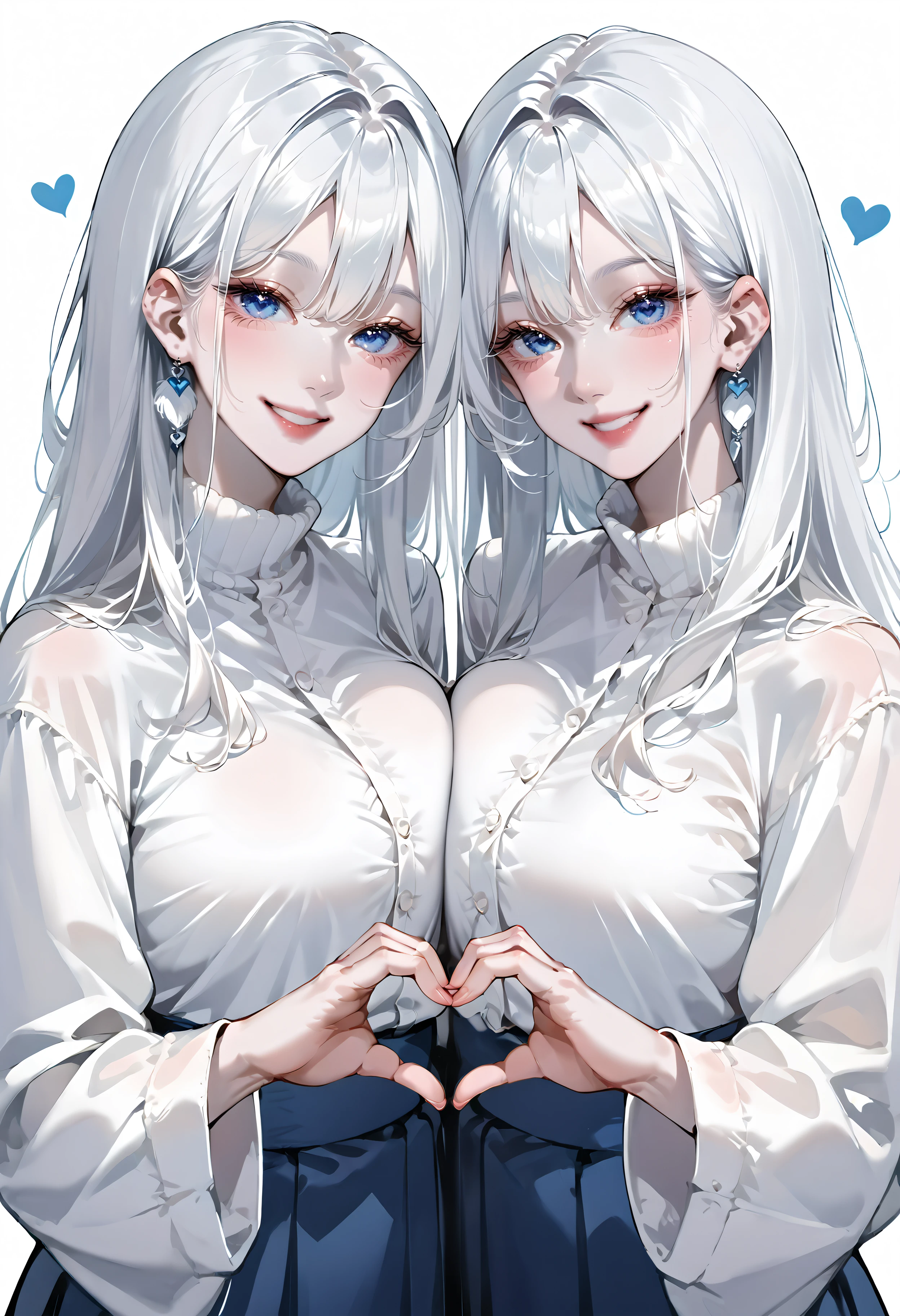 score_9, score_8_up, score_7_up, best quality, source_anime BREAK, 2girls, twins, heart hands duo, white background, large breasts, smile, pale skin, large breasts, blue eyes, looking at viewer, white hair, long hair, <lora:KoreanAIStyle:1>