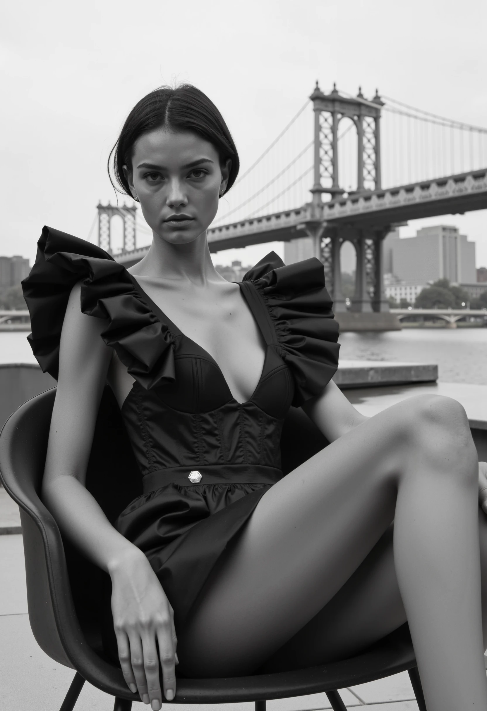 A high-fashion black-and-white photograph featuring a model lounging in a sleek chair against an urban cityscape backdrop, with a bridge visible in the distance. The model is dressed in a striking black Philipp Plein-inspired outfit, featuring a short dress with dramatic ruffle sleeves and a corset-like bodice. The bold black fabric contrasts sharply against the minimalist setting, highlighting the sophisticated and edgy design of the dress. The composition exudes an avant-garde elegance, with the model's relaxed yet powerful pose complementing the industrial elements of the cityscape. The overall mood is chic, modern, and confident, perfectly capturing the essence of high-end fashion in an urban environment.