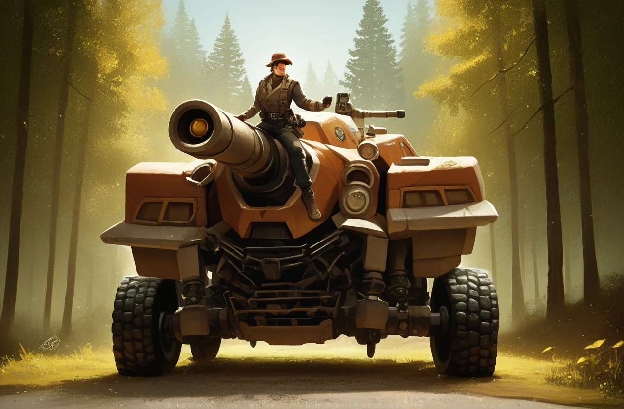 score_9, score_8_up, score_7_up, score_6_up, score_5_up, score_4_up, rating_safe, zPDXL2,source_anime,anime coloring, a tank with a turret in a forest,vehicle focus,no humans