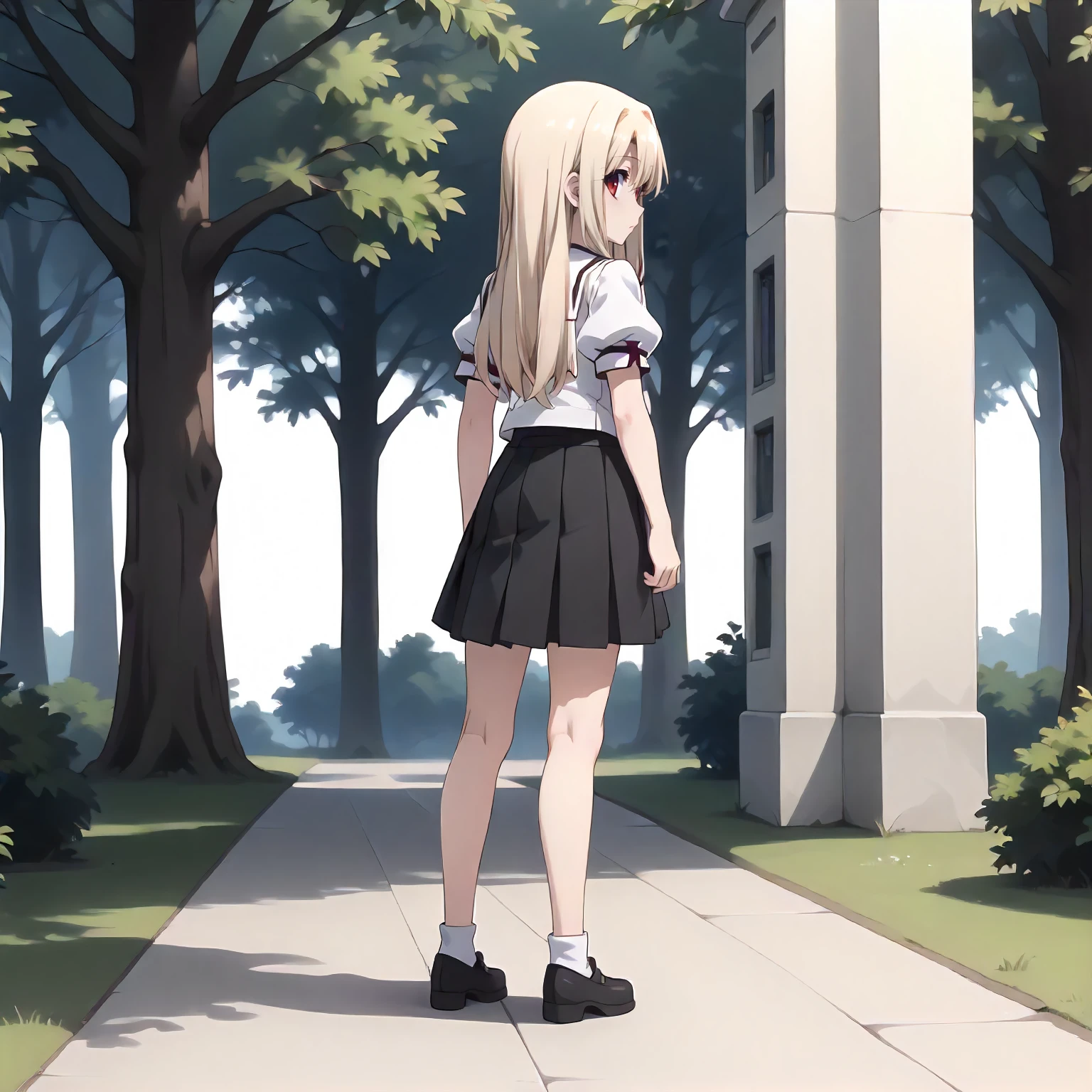 <lora:Fate_IllyaXLpony002>,
outdoors,nature,
solo,
Illya,1girl,blonde hair,long hair,red eyes,
white sailor color,white shirt,puffy_sleeves,short_sleeves,
pleated_skirt,black skirt,
full body,standing,looking back,