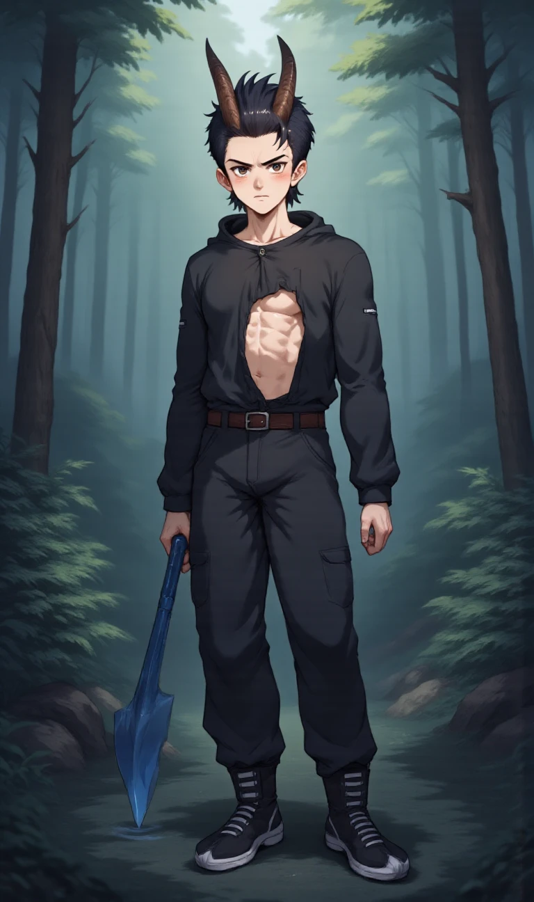 (Hsiextah:1.6), amazing ilustration of guy in forest, black clothes,blue spear, horns, up perspective, very detailed background