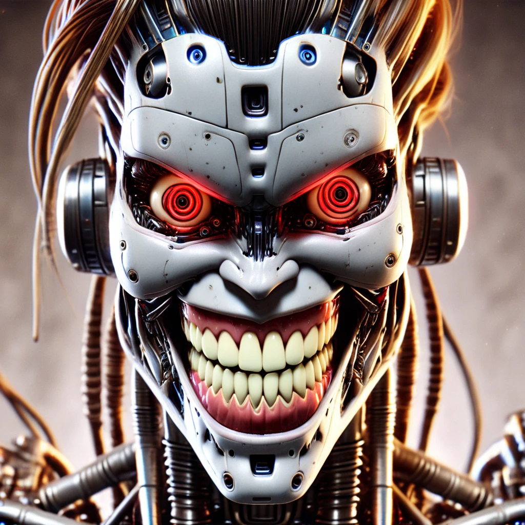 humanoid robot, 1girl, close-up, portrait, mechanical parts, no humans, realistic, solo, brown hair, strands of hair cascading down from the head, large glowing red eyes, looking at viewer, nose, smile, grin, slight dimples in the cheeks, open mouth, clenched teeth, cables protruding from the neck area, neck composed of exposed mechanical parts and wires, glowing, blurry background, cables, horror (theme)