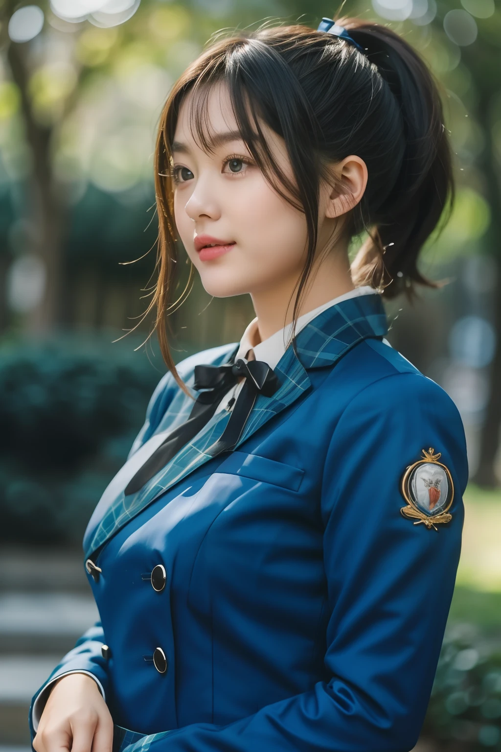 masterpiece,intricate,(upper body:1.2),depth of field,best quality,1girl,solo,plump,smile,asian,white skin,25y.o,beautiful,black hair,looking away,(wearing 12th single hinatazaka46 seifuku:1.3),black ribbon,(blue blazer:1.1),long sleeves,plaid,collared shirt,uniform,badge,(emblem:1.2),(from right:1.2),<lora:Hinatazaka46_12th_Single_Seifuku:0.8>,in spring,day,nature,on a hill,outdoors,(cinematic light:1.2),, RAW photo, subject, (high detailed skin:1.2), 8k uhd, dslr,soft lighting,high quality, film grain, Fujifilm XT3, <lora:epiNoiseoffset_v2-pynoise:1>, highres,huge filesize,HD,highest quality,best quality,highly detailed hair,proportional body,proportional breasts,beautiful breasts,highly detailed skin,goosebumps,visible pores,intricate,masterpiece,ultra high res,photorealistic,depth of field,RAW photo,best quality,realistic,photo-realistic,an extremely delicate and beautiful,CG,finely detail,absurdres,, <lora:add_detail:0.5>,add_detail