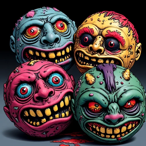 comic book illustration of a group of vintage-inspired horror-themed toy monster balls, featuring a variety of monstrous faces with over-the-top expressions, these balls are adorned with intricate details such as torn skin, bloodshot eyes, and stitched-up mouths, all rendered in a mix of dark and neon colors, the aesthetic is a blend of retro horror and cartoonish exaggeration, evoking the feel of classic Halloween toys with a modern twist, in the style of Pop Art