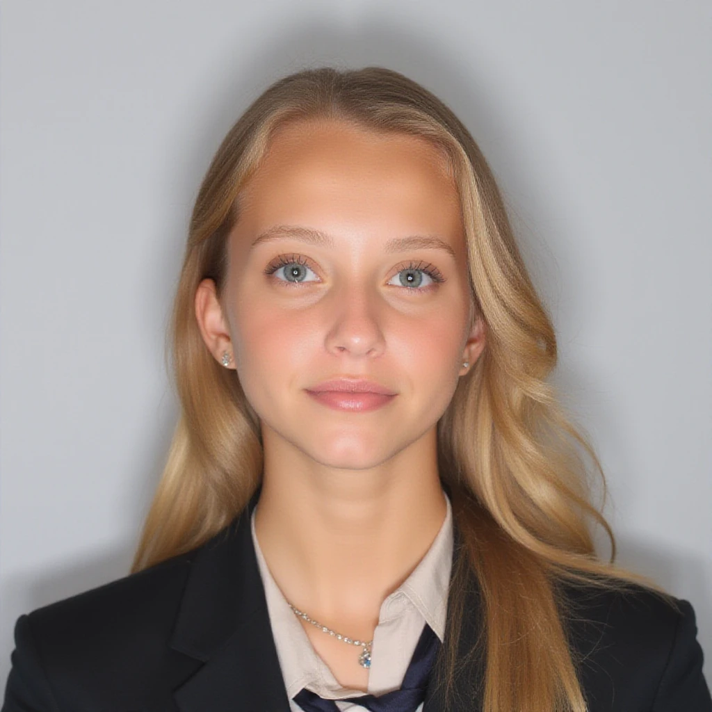 High quality passport photo of a young woman with blonde hair wearing a suit and tie looking directly at the camera with her mouth closed and a neutral expression. She is also wearing a delicate necklace and earrings. <lora:Magui_Corceiro_Final:1.1>